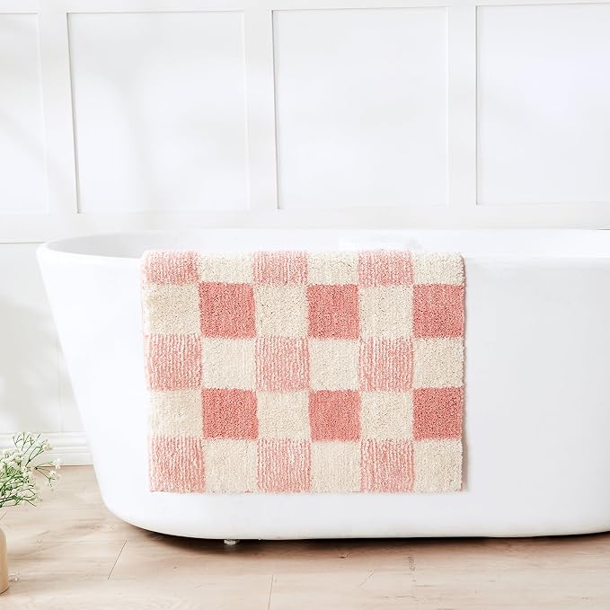 CozeCube Blossom Pink Checkered Bath Mat 47"x24" Non Slip Washable Rug | For Bathroom Non Slip, Fluffy Absorbent Microfiber Bath Mats Machine Wash, Stylish Long Aesthetic Bathroom Rugs