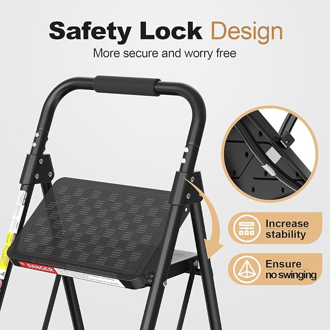 HBTower 4 Step Ladder with Wide Anti-Slip Pedal and Cushioned Handle | Step Stool Foldable with 330 lbs Capacity for Home and Kitchen, Black