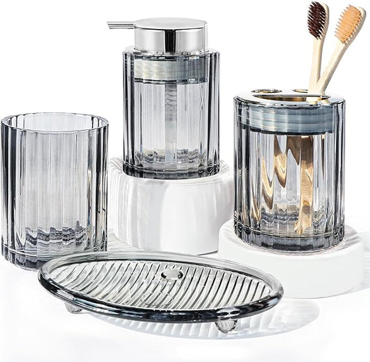 CERBIOR Bathroom Accessories Set, 4 PCS Glass Bathroom Set,Silver Grey | Includes Soap Dispenser, Toothbrush Holder, Toothbrush Cup, Soap Dish for Decorative Countertop and Housewarming Gift