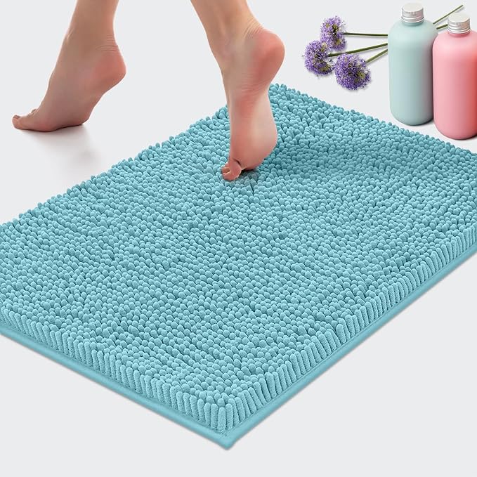 LuxUrux Bath Mat, Extra-Soft Plush Non-Slip Bathroom Rug, Luxury Chenille Microfiber Material, Super Absorbent Shaggy Bath Rug. Machine Wash & Dry (17 x 24 inches, Spa Blue)