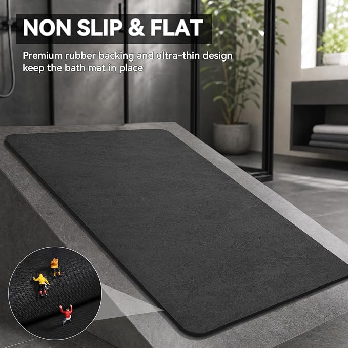 MontVoo -Bath Mat-Rubber Backing Non Slip Quick Dry Absorbent Thin Bathroom Rugs Fit Under Door-Faux Suede Surface Bathroom Floor Mats-Shower Rug for in Front of Bathtub Shower Dark Grey Rug Set