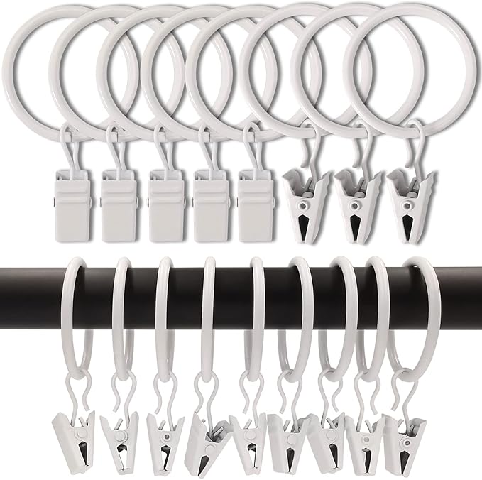 LLPJS 100 Pack Curtain Rings with Clips, Curtain Clip Rings Hooks, Bow Hanger Clips for Hanging Drapery Drapes Bows, Ring 1.26 inch Interior Diameter, Fits up to 1" Rod, White
