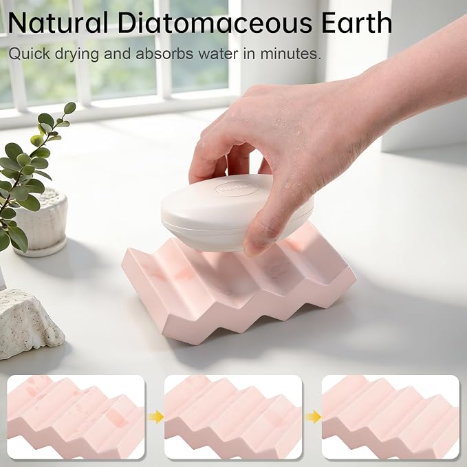 Bar Soap Holder Diatomite Soap Dish Sponge Caddy, Pink | Self Draining, Fast Drying, Soap Saver, for Shower, Bathroom, Kitchen Sink