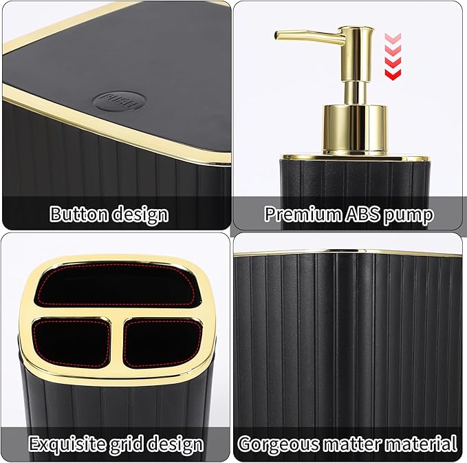XLHOMO Bathroom Set - 26PC Bathroom Set with Shower Curtain and Rugs, Bathroom Accessory Set, Black Bathroom Accessories Set, Trash Can & Soap Dispenser