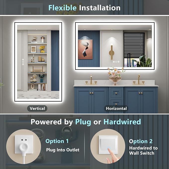 50x40 Black LED Bathroom Mirror, Backlit & Front Lit Lighted Mirror | Metal Framed Anti-Fog Vanity Mirror with Lights, 3 Color Dimmable, Memory, HD Tempered Glass, CRI95, UL Listed, Wall Mounted