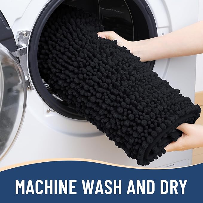 Arotive Toilet Rugs U-Shaped 24x24, Soft Absorbent Chenille Shaggy Bath Mat | Black, Machine Wash Dry, Bath Rugs for Bathroom Floor, Tub and Shower, Home Decor Accessories