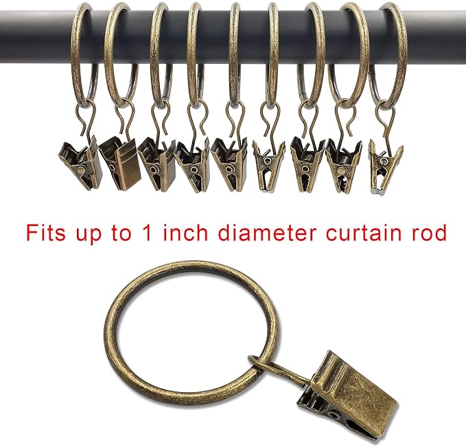 LLPJS 40 Pack Curtain Rings with Clips, Curtain Clip Rings Hooks, Bow Hanger Clips for Hanging Drapery Drapes Bows, Ring 1.26 inch Interior Diameter, Fits up to 1" Rod, Bronze
