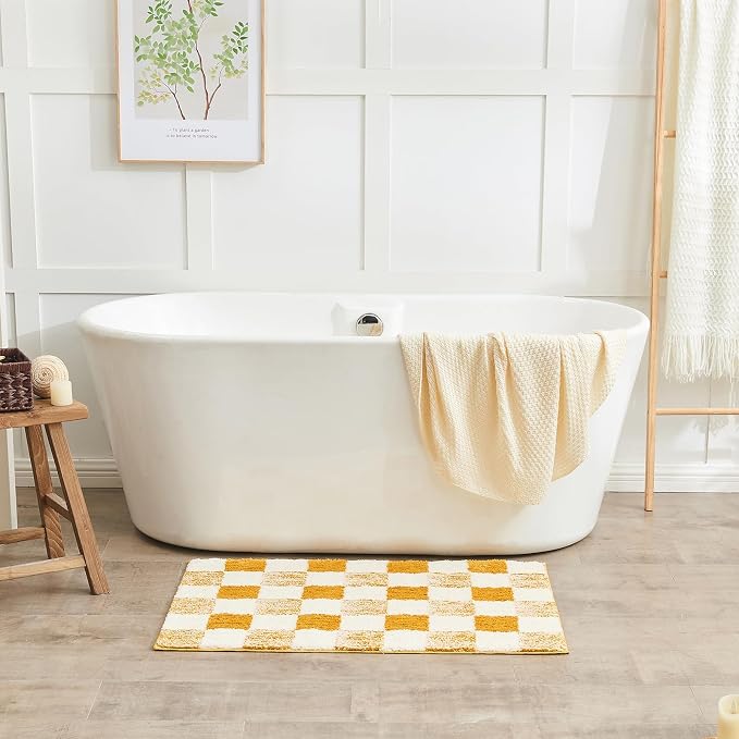 CozeCube Harvest Gold Checkered Bath Mat 47"x24" Non Slip Washable Rug | For Bathroom Non Slip, Fluffy Absorbent Microfiber Bath Mats Machine Wash, Stylish Long Aesthetic Bathroom Rugs