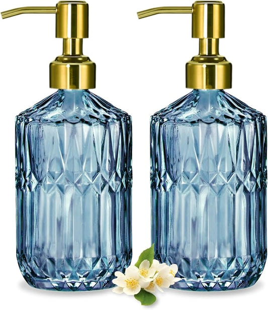 COHOSEGE 17 Oz Blue Glass Kitchen Soap Dispenser for Dish Soap, 2 Pack Bathroom Soap Dispenser Set with Gold Rust Proof Pump for Lotion, Hand soap or Body Wash