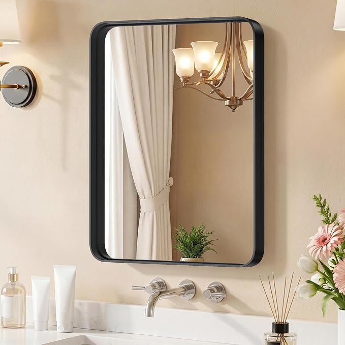 30x22 Inch Bathroom Mirror for Over Sink, Vanity Mirror | Metal Framed Rounded Rectangle,for Wall, Farmhouse, Restroom, Anti-Rust, Horizontal or Vertical Hanging, Black