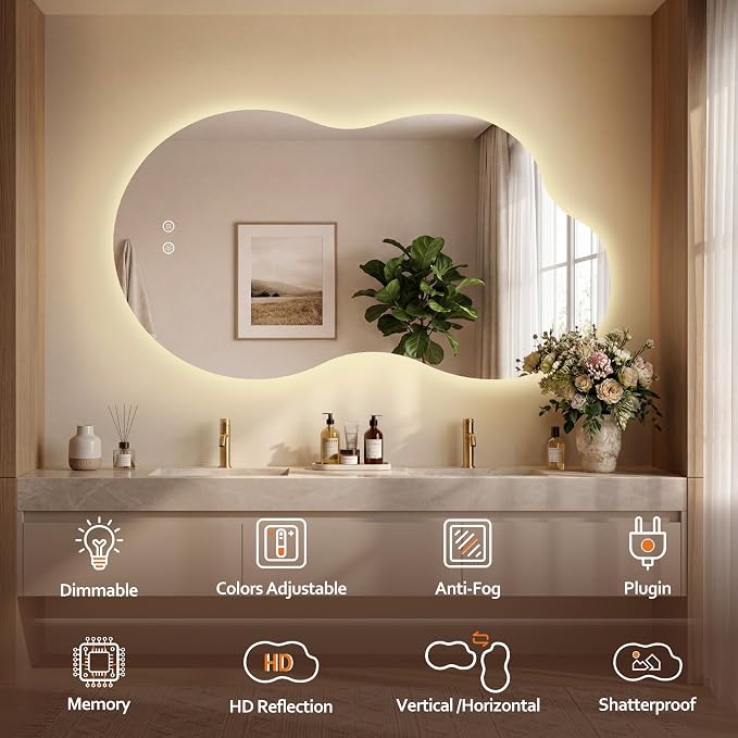 48''x26'' Lighted Mirrors for Bathroom Wall Backlit, Cloud LED Bathroom Mirror Frameless with Lights Anti Fog, Dimmable, 3 Colors,Tempered Glass, Shatter-Proof