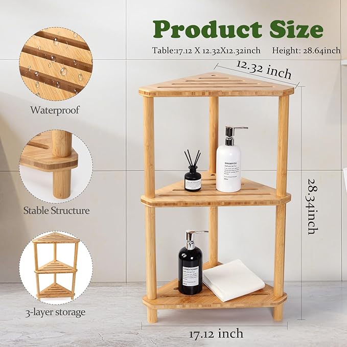 Corner Shelf Shower Caddy Stand 3-Tier,Standing Bathroom Organizer | Bamboo,Large Capacity Shower Storage,Space-Saving,Anti-Slip Feet,Waterproof,Easy to Assemble,Durable,Bath,Living Room,Kitchen