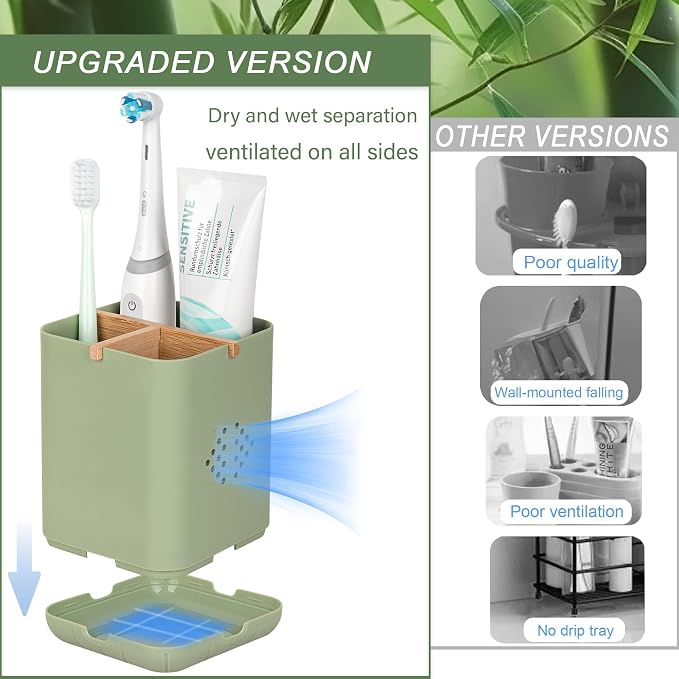 Toothbrush Holders for Bathrooms, Electric Toothbrush Holder, Green | Toothbrush and Toothpaste Organizer for Bathroom Countertop, 3 Slot Vanity Storage