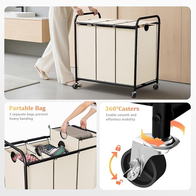 180L Laundry Sorter 3 Section, Rolling Laundry Basket with Wheels and Lid | 47.55 Gal Laundry Hamper, 3 Separated Removable Bags, Lockable Wheels, Dirty Clothes Hamper for Laundry Room Organizer, White