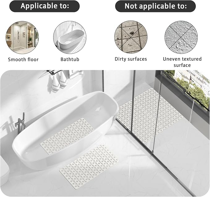 Shower Mat Non Slip Bath Mat for Tub - 28" x 15" Soft TPE Bathtub Mat Non Slip Shower Mats for Inside Shower, Anti Slip Shower Mat with Suction Cups, Quick-Drying Bath Tub Mat, White