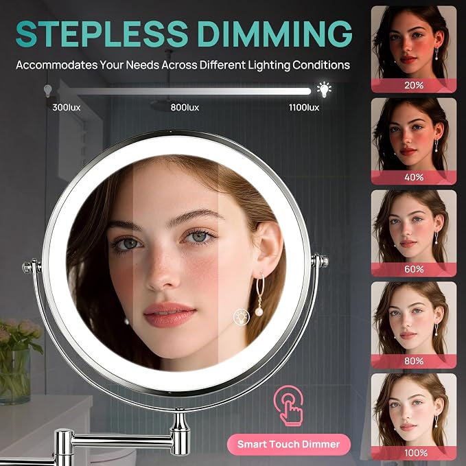 Wall Mounted Lighted Makeup Mirror: Double Sided 1X/30X Magnifying Mirror | 3000mAh Rechargeable Makeup Mirror with Light for Bathroom, 3 Color Lighting, Touch Screen Dimming, Extended Arm 360 Rotation