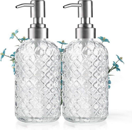 Kaishun Refillable Glass Soap Dispenser (2PC) for Hand Soap & Lotion, Clear