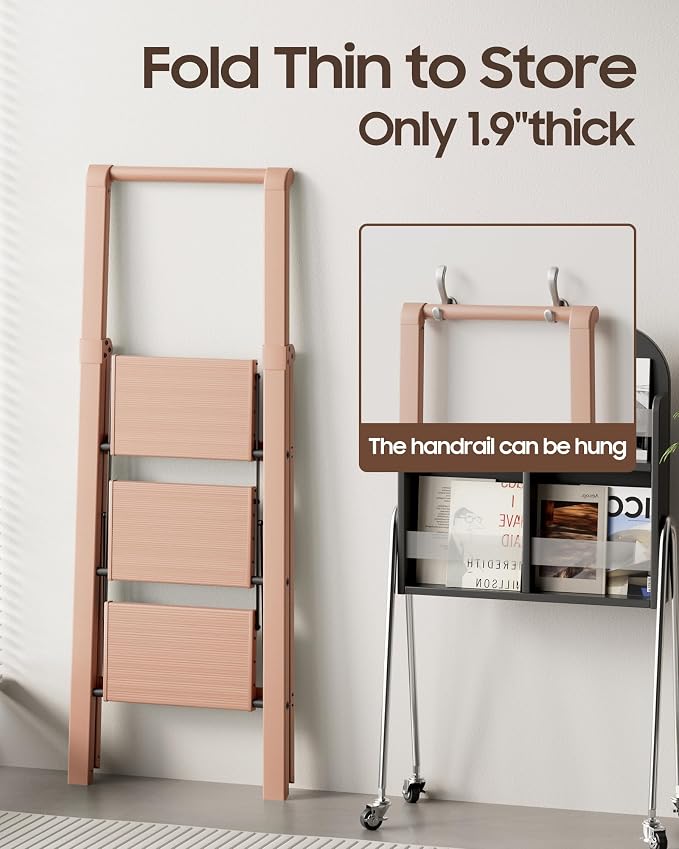 HillhutApex Aluminum 3 Step Ladder, Step Stool Foldable Ladder(Pale Pink) | Stepladder with Handgrip,Anti-Slip Pedals,330lbs Capacity,Lightweight Portable Folding Ladder for Home,Office,Libaray
