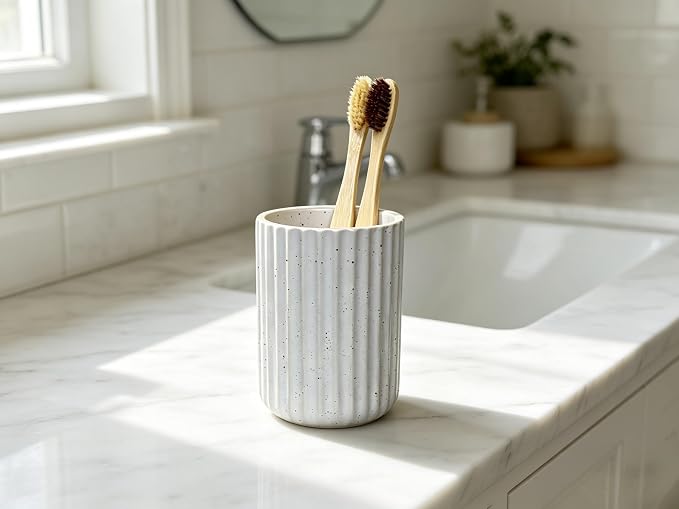 Stoneware Toothbrush Holder for Bathroom Tooth Brush Holder for Bathroom Toothbrush Cup Toothbrush Holders Cute Fluted Vertical Ribbed Stripe (Speckled White)