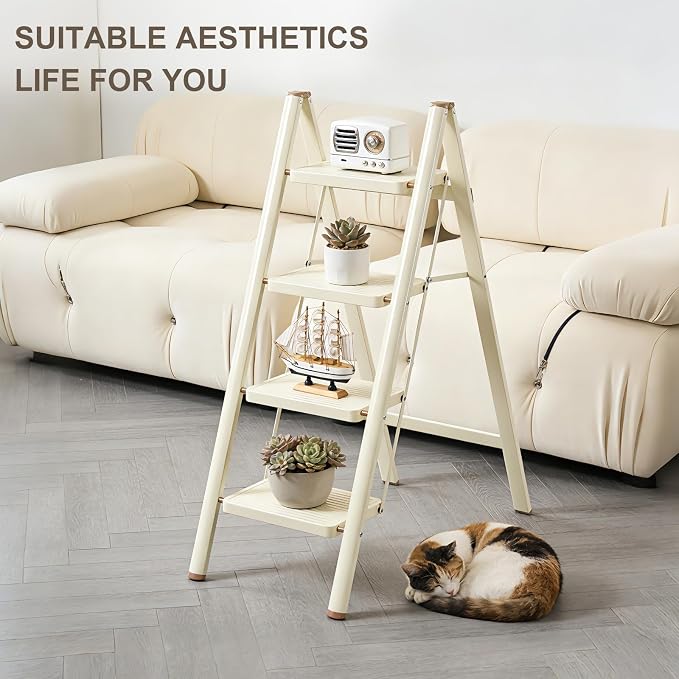 Valeo 4 Step Ladder,Lightweight Folding Step Stool with Wide Anti-Slip Pedal, 330LBS Capacity, Heavy Duty,Sturdy Iron Metal Step Stool for Home, Kitchen, Closet, Adults, Cream White