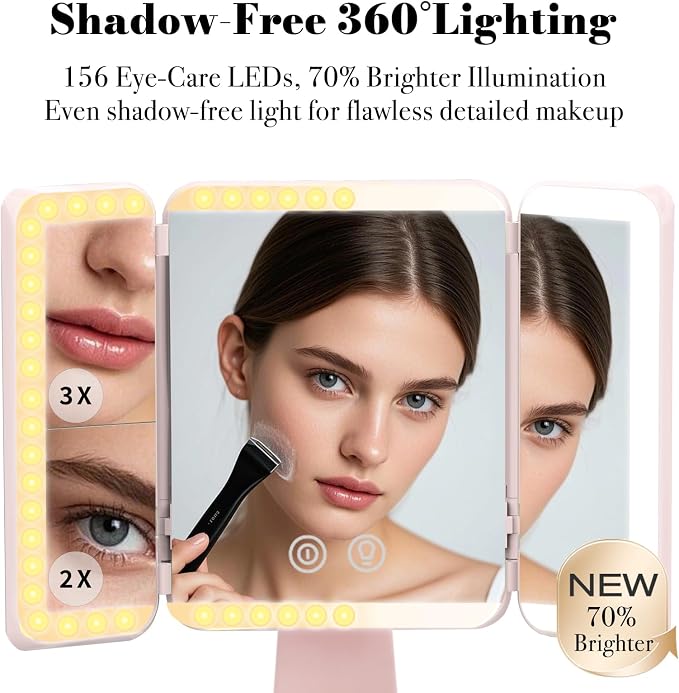 SIMETRA 15.6'' Rechargeable Makeup Mirror with Lights, 156 LED Magnification Vanity Mirror with 3 Colors Lights, 3000mAh Lighted Mirror, Touch Control Trifold Mirror for Women Travel Desk