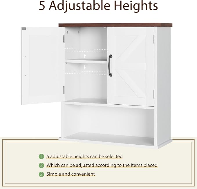 Smuxee Farmhouse Bathroom Cabinet Wall Mounted, White Small Medicine Cabinet with Adjustable Shelf, Bathroom Cabinet for Living Room, Laundry Room