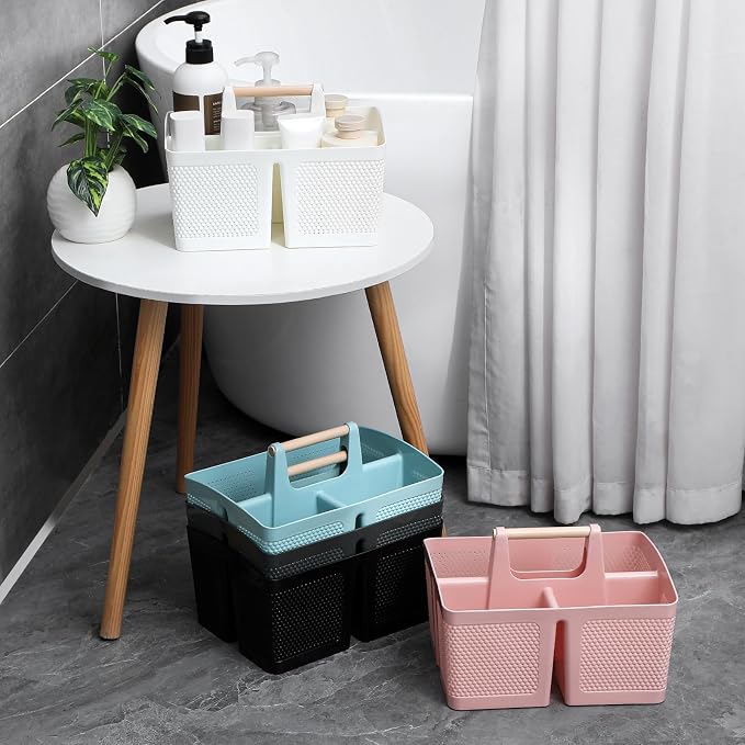 rejomiik Portable Plastic Shower Caddy with Bamboo Handle, Pink | Cleaning Caddy Organizer for Bathroom, College Dorm Room Essentials, Storage Tote