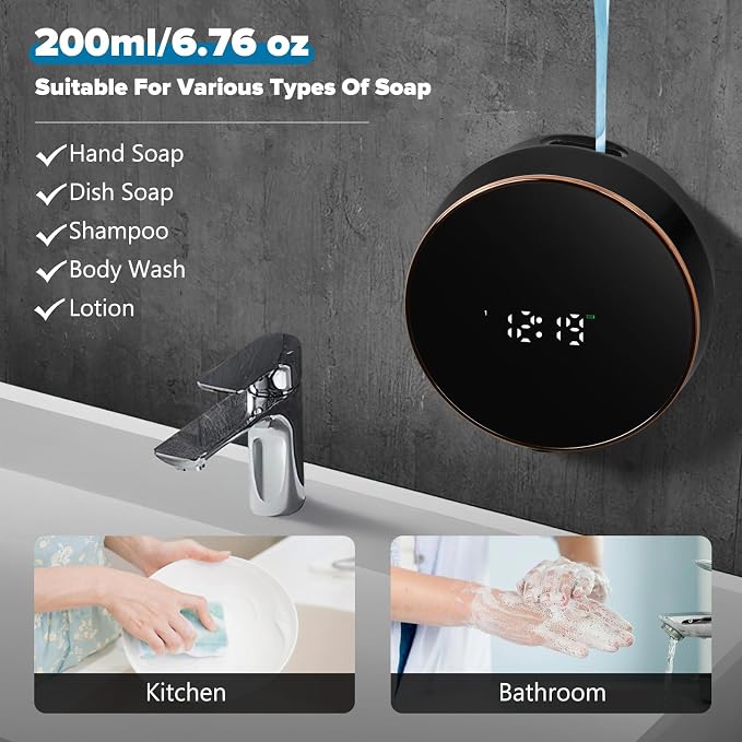 Monstake Automatic Soap Dispenser, Touchless Rechargeable Wall Mount | Smart Display, 3 Gears Adjustable Liquid Hand Dish Soap Dispenser for Kitchen Sink Bathroom Black