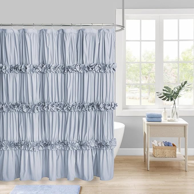 Fog Blue Ruffle Shower Curtain 72“ W x 84” H | Vintage Handcrafted Bow Tie Bath Curtain for Master Bathroom, Ruched Microfiber Bathroom Curtain with 12 Buttonholes (LQ-10)