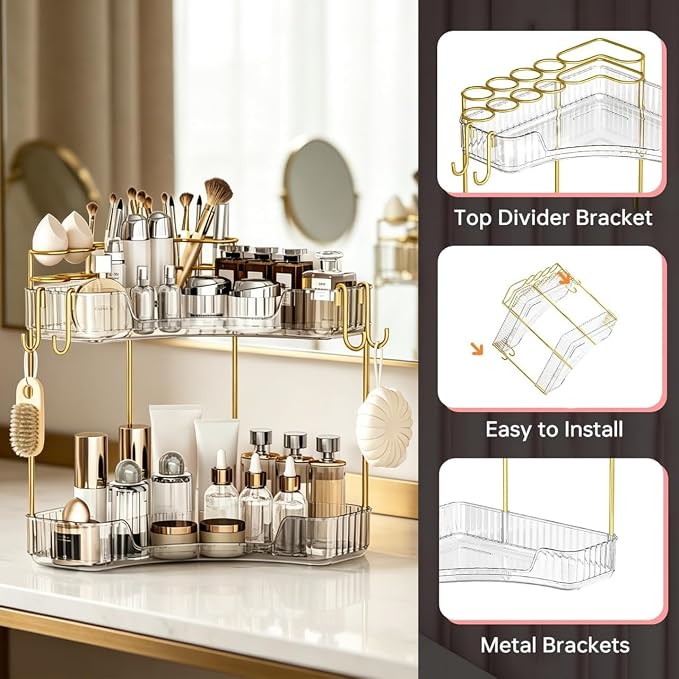 2-Tier Corner Bathroom Counter Organizer，Makeup & Skincare Shelf with Built-in Brush Holder，Space-Saving Bathroom Countertop Organizer for Skincare, Perfume, Cosmetics(Clear)