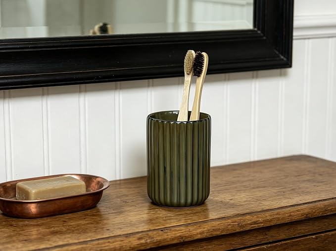Stoneware Toothbrush Holder for Bathroom Tooth Brush Holder for Bathroom Toothbrush Cup Toothbrush Holders Cute Fluted Vertical Ribbed Stripe (Retro Green)