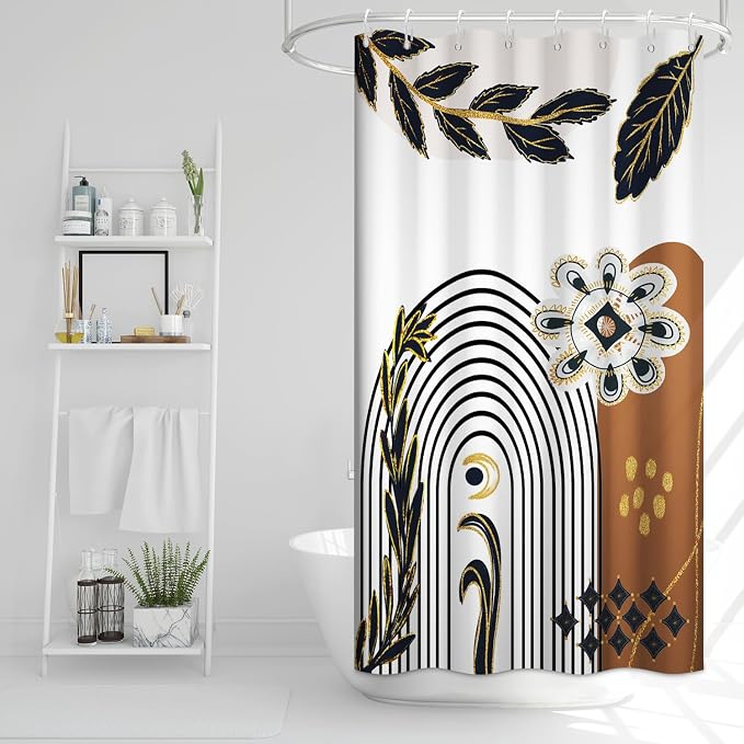 Black and Gold Boho Stall Shower Curtain with Hooks 36x72 Inch | Waterproof Small Abstract Black Arch Leaves Bathroom Curtain for Shower Stall, Machine Washable
