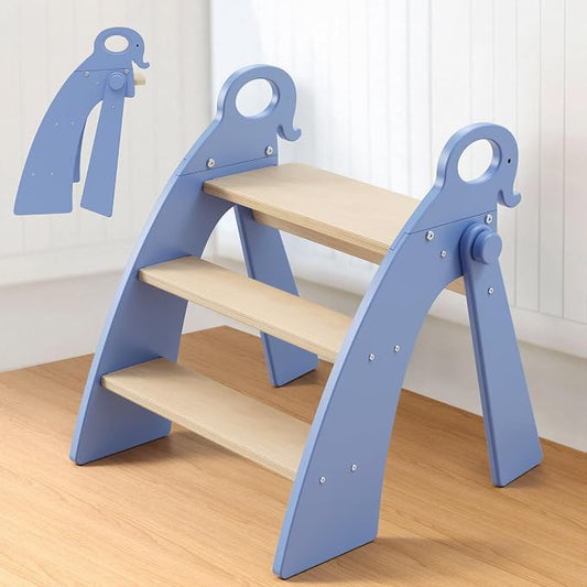 Step Stool for Toddlers & Kids, Bathroom Sink, 3-Step Foldable, Blue | Wooden Bamboo, Gray Elephant Handles, Non-Slip Pads, Potty Training & Kitchen Helper, 300-lb Capacity, Foldable for Storage