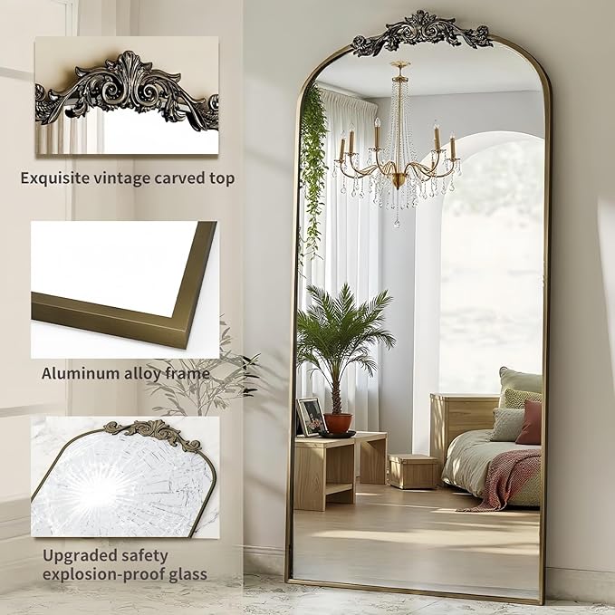 Dewfig Arched Full Length Mirror, 71"x32" Floor Mirror with Carved, Bronze | Antique Full Body Mirror, HD Shatterproof Tempered Glass, Lean/Stand/Wall for Bedroom, Living Room, Cloakroom, Home Decor