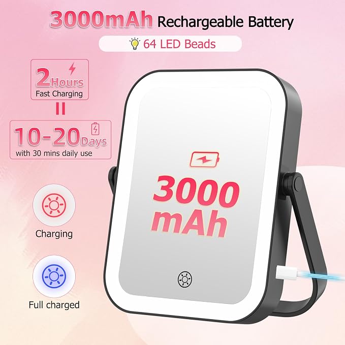 FUNTOUCH 3000mAh Rechargeable Travel Magnifying Mirror with Light, Black | 2-Sided 30X Magnifying travel makeup mirror with 3-Color Lighting, Dimmable Touch Screen,Compact Vanity Mirror for Women Gift