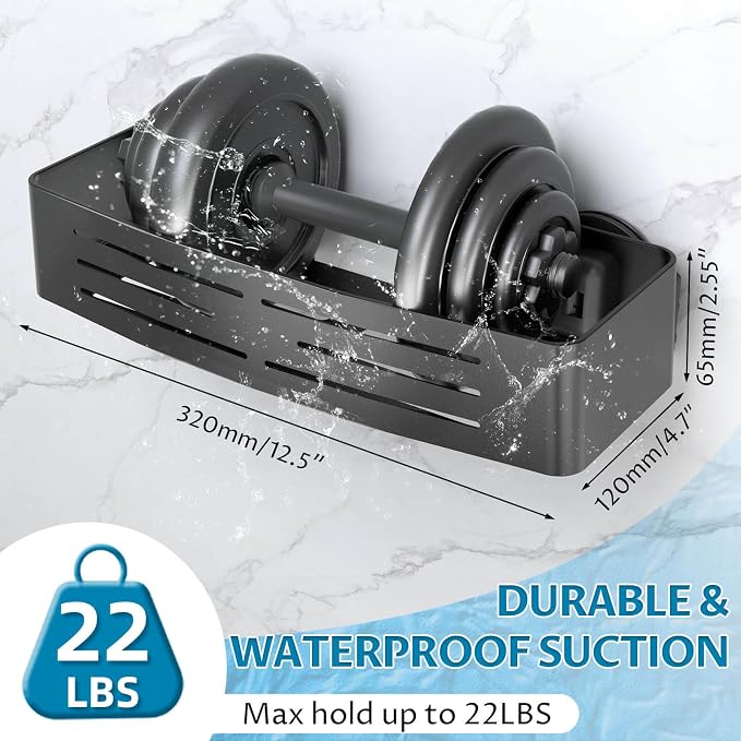 Onemake Suction Cup Shower Caddy, Shower Shelf, Bathroom Organizer, Black | No-drill Rustproof Aluminum Removable Caddy with Hooks, Wall Mounted Shower Organizer, Corner Shampoo Holder for Bathroom