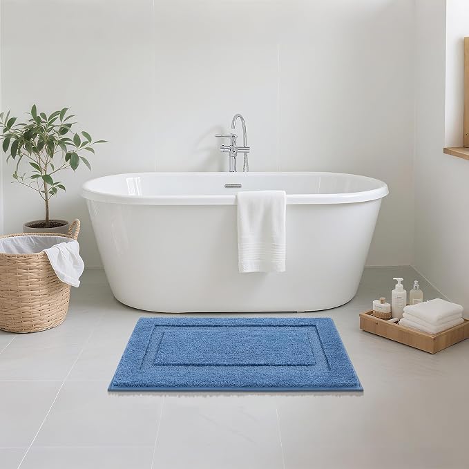 SHACOS Soft Microfiber Bathroom Rugs Set of 2 Pieces, Blue | 32x20 + 24x16, Absorbent Plush Bath Rugs, Non Slip Washable Shaggy Bath Mats, Fluffy Bathroom Runner Floor Mats Shower Rug