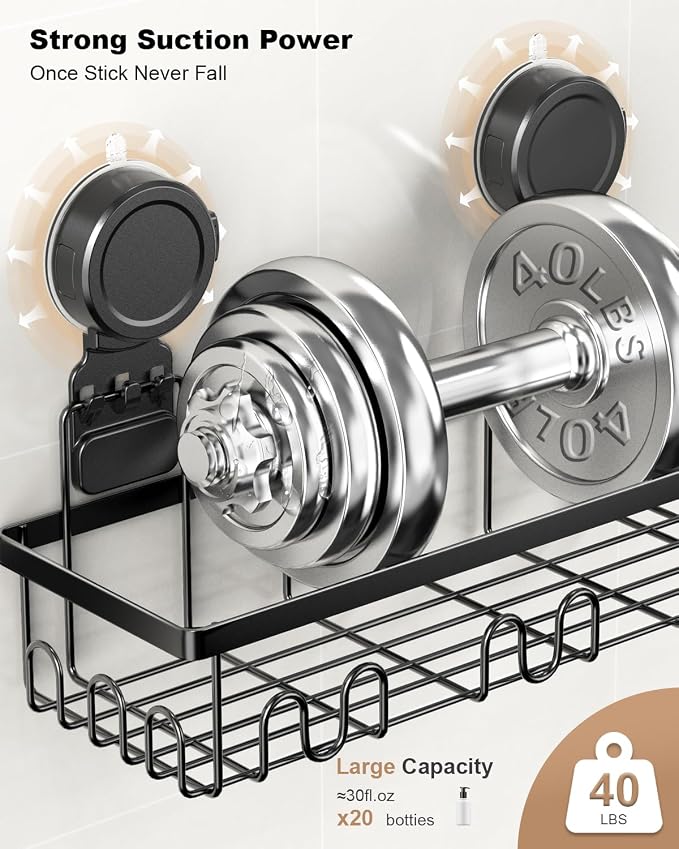 JOTPE Shower Caddy 5 Pack, No-Drill Suction Shower Organizer, Black | Strong suction shower caddy installs without drilling, Large storage keeps shampoo, soap and bath essentials organized