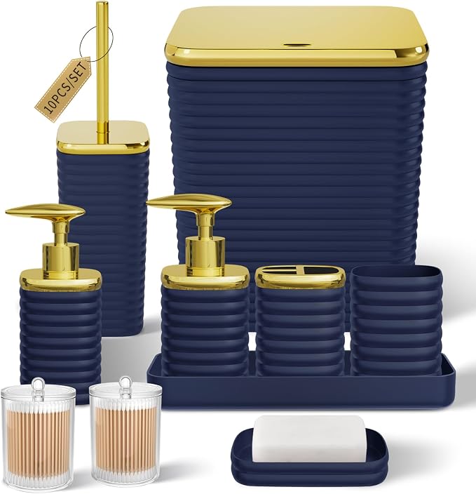 Bathroom Set - 10PC Bathroom Accessory Set, Navy Blue Bathroom Set, Luxury Bathroom Accessories Set, Trash Can, Toilet Brush, Soap Dish, Qtip Holder & Soap Dispenser