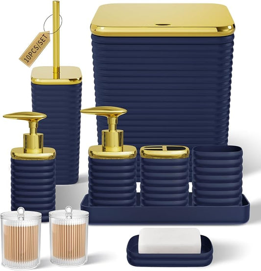 Bathroom Set - 10PC Bathroom Accessory Set, Navy Blue Bathroom Set, Luxury Bathroom Accessories Set, Trash Can, Toilet Brush, Soap Dish, Qtip Holder & Soap Dispenser