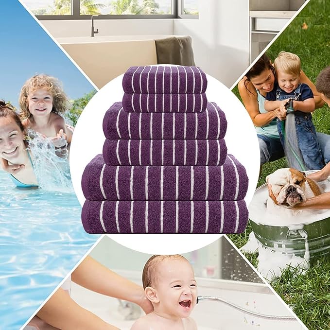 CASA COPENHAGEN Ecstatic 6Pcs 100% Egyptian Cotton Large Designer Towels Gift Set- Dark Purple, 600GSM, 2Bath 2Hand 2Washcloths, Bath Towels for Bathroom (Gift Set for Women & Men)