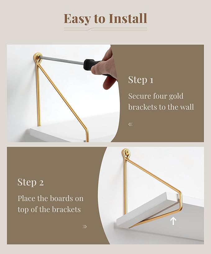 Afuly Floating Shelves for Wall, White and Gold Shelf, Display Wall Shelves | Hanging Bookshelf with Bracket, Solid Wood and Metal, Plants Display, for Bathroom, Kitchen, Living Room, Bedroom, Home Decor