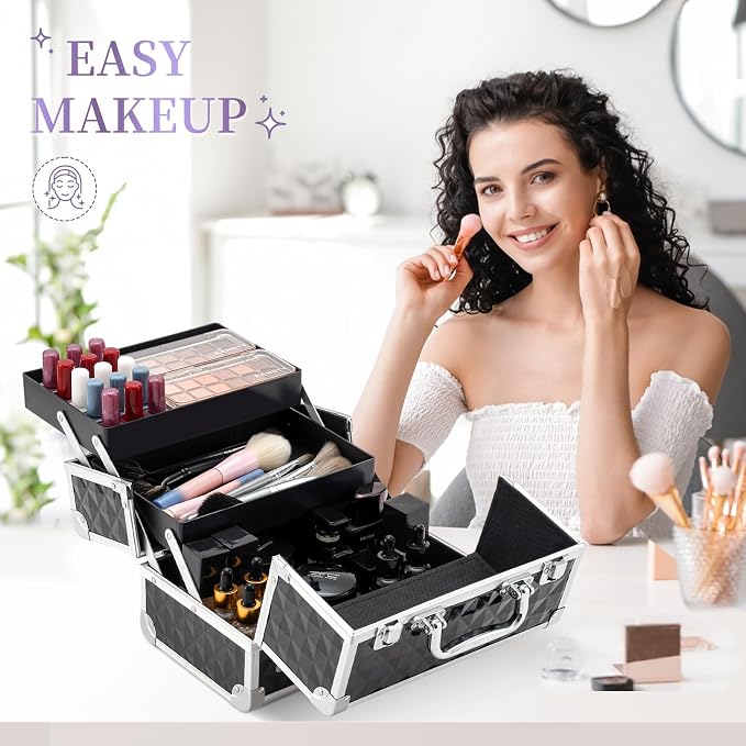 Leeora&Leekoo Makeup Train Case Cosmetic Box Portable Makeup Case Organizer 2 Trays Makeup Storage for Cosmetologist Aesthetic Supplies Nail Tech Traveling Makeup Box (Watercube)