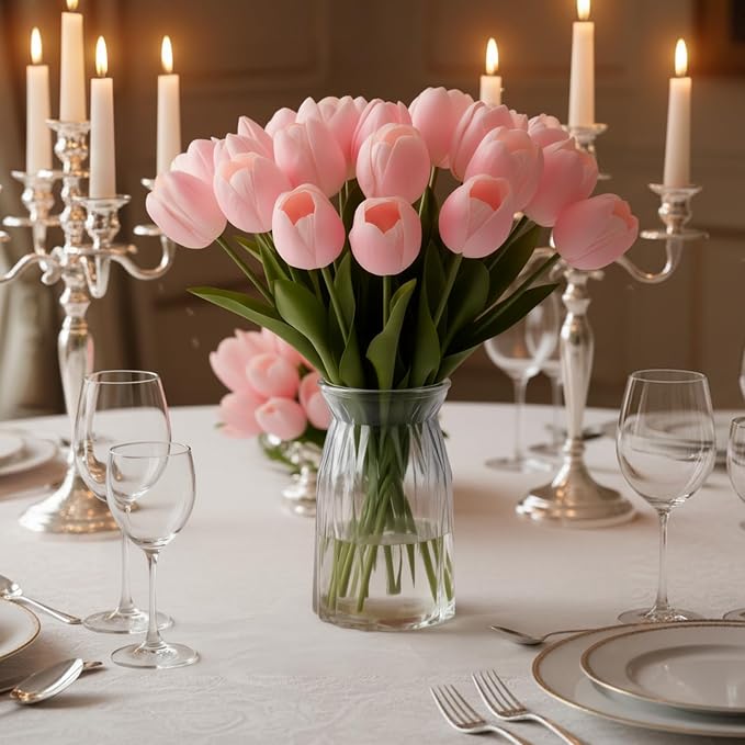 20 Pcs Fake Tulips Flowers 16" Tall, Realistic Touch Leaves, Bottle Tulip Artificial Plants Indoor for Home Decor Small Office Home Living Room-Vase Not Include -Pink