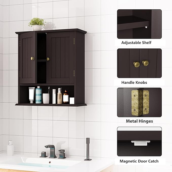 Bathroom Wall Cabinet, Over the Toilet Storage Cabinet with 2 Doors and Adjustable Shelf, Wooden Medicine Cabinet Wall Mounted, Room Space Saver for Bathroom Kitchen
