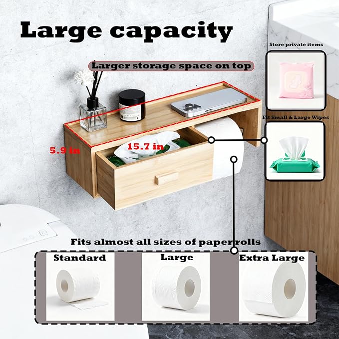 Bamboo Toilet Paper Holder with Shelf,Wall Mount Bathroom Holder with Wet Wipes Storage Drawer(Natural)