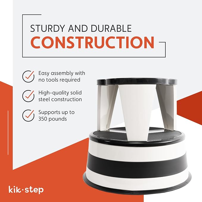 Round Step Stool for Kitchens, Cramer Kik-Step Heavy Duty Rolling Steel Stool, Non-Slip, Holds 350 lbs (White)