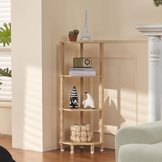 YUFAM 4-Tier Corner Shelf, Natural | Wooden Corner Bookshelf for Small Spaces, Corner Standing Shelf with Sturdy 5-Leg Base for bathroom