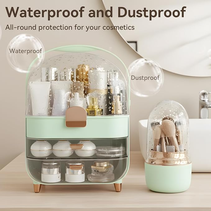 Makeup Organizer for Vanity with Brush Holder, Lid and 2 Drawers, Green | Large Capacity Bathroom Counter Organizer for Skincare, Cosmetic Storage, Dustproof, Waterproof, Teen Girl Gifts