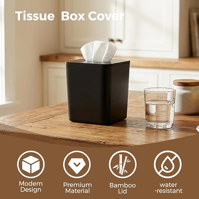 Tissue Box Cover Square, Black Facial Tissue Holder with Black Bamboo Lid | With Natural Bamboo Lid, Waterproof, Durable, Decorative, Fit Standard Cube Tissue Boxes, For Bathroom Bedroom Office Desk